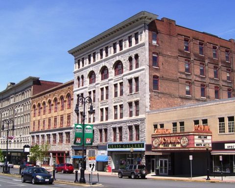 The north side of Main Street between Eagle and Holden Street in North Adams, Massachusetts, is located within the expanded boundaries of the Monument Square-Eagle Street Historic District; photo by Beyond My Ken; GFD or CC BY-SAL via Wikimedia Commons