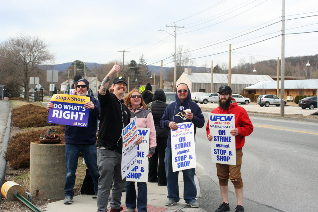 North Adams Stop & Shop workers assemble in the early hours of the UFCW strike against the supermarket chain on Thursday, April 11, 2019. Union steward Bill Laviolette (front, giving the thumbs up) coordinated the location actions; photo by Jason Velázquez.