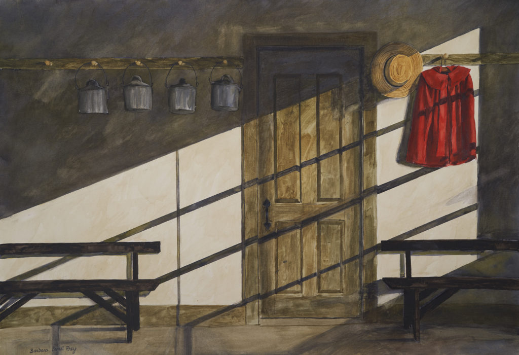 Barbara Ernst Prey, School Room, 2019, watercolor on paper; [source Hancock Shaker Village].