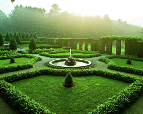 The lush, stone-walled Italian Garden at The Mount provides a respite from Northeastern summer heat and humidity; early morning photo by Kevin Sprague.