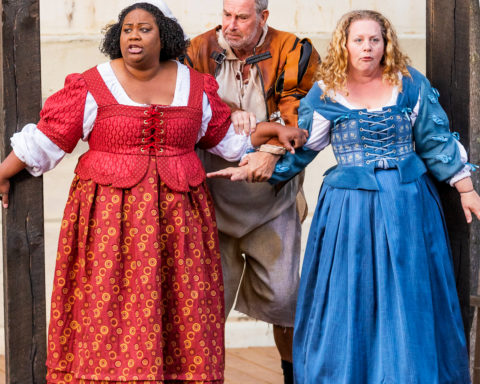 MaConnia Chesser, Nigel Gore, and Jennie M. Jadow as Meg Page, Sir John Falstaff, and Alice Ford (respectively) in The Merry Wives of Windsor; photo by Nile Scott Studios.