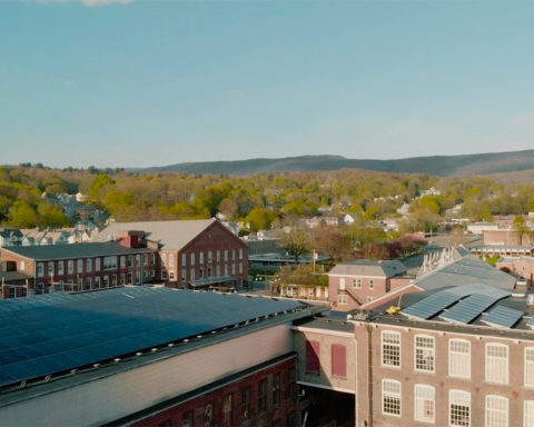 Aerial view of the MASS MoCA campus; still from Museum Town; image courtesy the filmmaker.