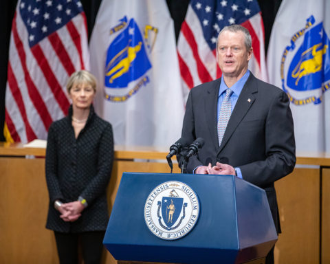 Governor Charlie Baker, Lt. Governor Karyn Polito (not pictured) and Secretary of Health and Human Services Marylou Sudders (left) join leaders from Partners in Health to announce the creation of the COVID-19 Community Tracing Collaborative at a State House press conference April 3; photo by Joshua Qualls