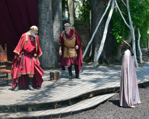 Christopher Lloyd, Jonathan Epstein, and Jasmine Cheri Rush in Shakespeare & Company's 2021 production of King Lear; photo by Katie McKellick.