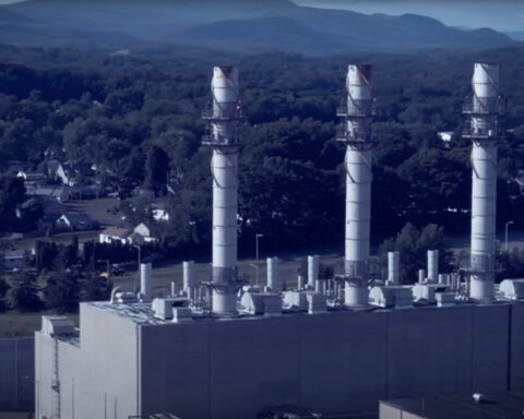 Photo of The Pittsfield Generating Plant at 235 Merrill Road, Pittsfield. Mass, owned by Hull Street Energy; still image from the short documentary, The Peaker Plant Problem, by Ben Hillman, via YouTube.