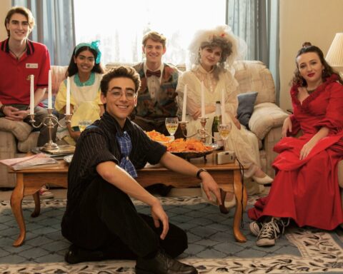 (left to right) The cast of Dramarama, Zak Henri (JD); Megan Suri (Claire); Nick Pugliese (Gene); Nico Greetham (Oscar); Anna Grace Barlow (Rose); Danielle Kay (Ally)