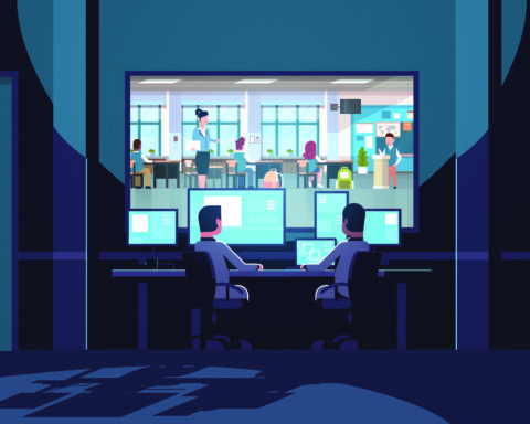 Illustration of two men looking at monitors sitting behind glass window teacher with pupils studying in school classroom dark office interior surveillance security system flat horizontal