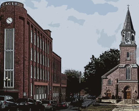 Composite image of two exterior photos of buildings — the Berkshire Eagle building in Pittsfield, Mass. and St. Michael's Cathedral, Springfied, Mass.