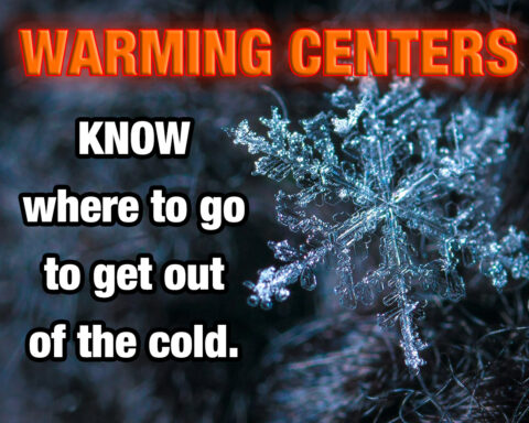 Graphic that displays a closeup photo of a snowflake with the words, "Warming Centers - know where to go to get out of the cold."