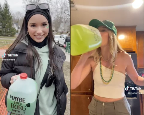 Composite of two photos of college-aged women, one holding a BORG, a BlackOut Rage Gallon, and the other young woman drinking from it,