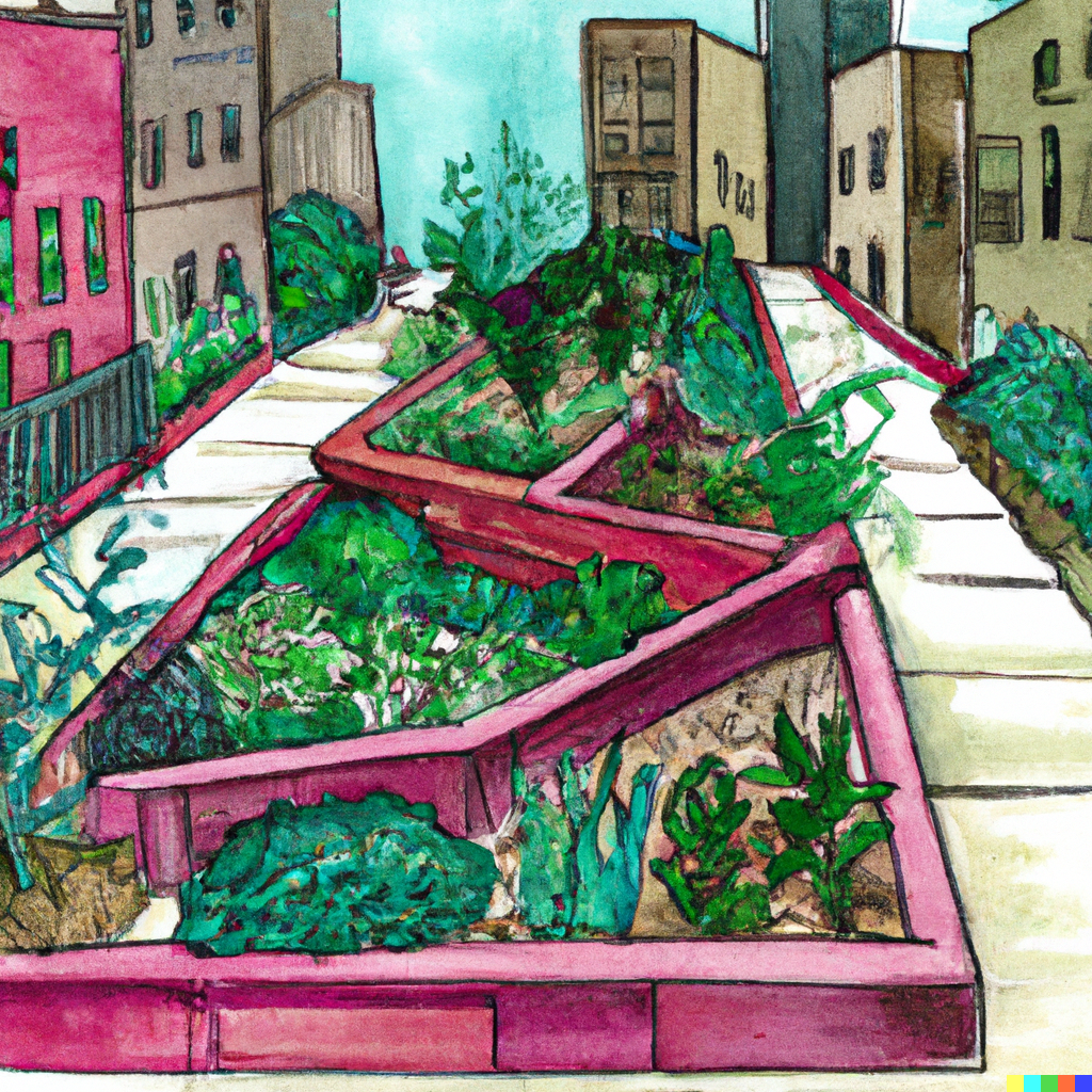 AI generated ink and watercolor image of an urban community garden.