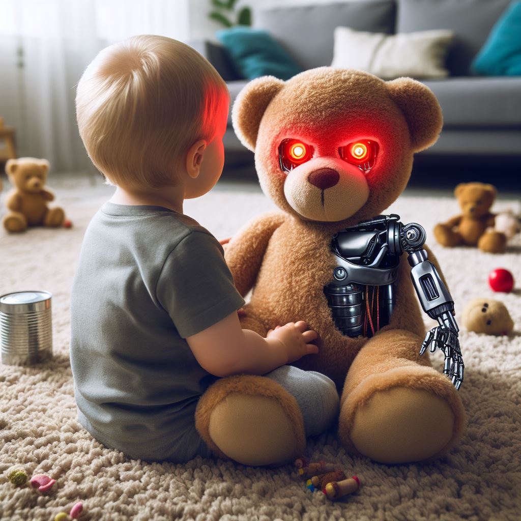 A toddler sitting on carpet, facing away from camera and looking at a teddy bear that has glowing red eyes like The Terminator, and a bionic arm.