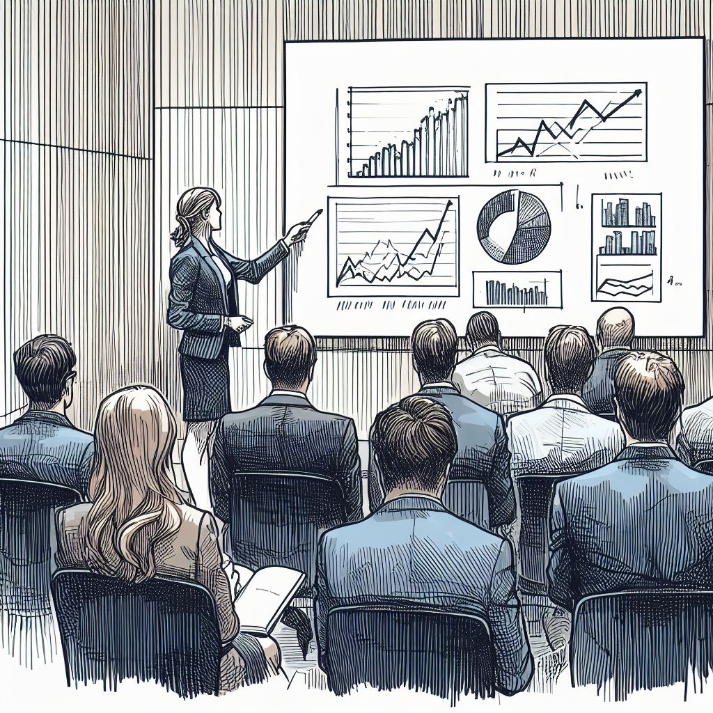 Pen and ink drawing of a room in a convention center where a businesswoman is teaching a class of enthusiastic businessmen and businesswomen, explaining charts displayed on a white board.