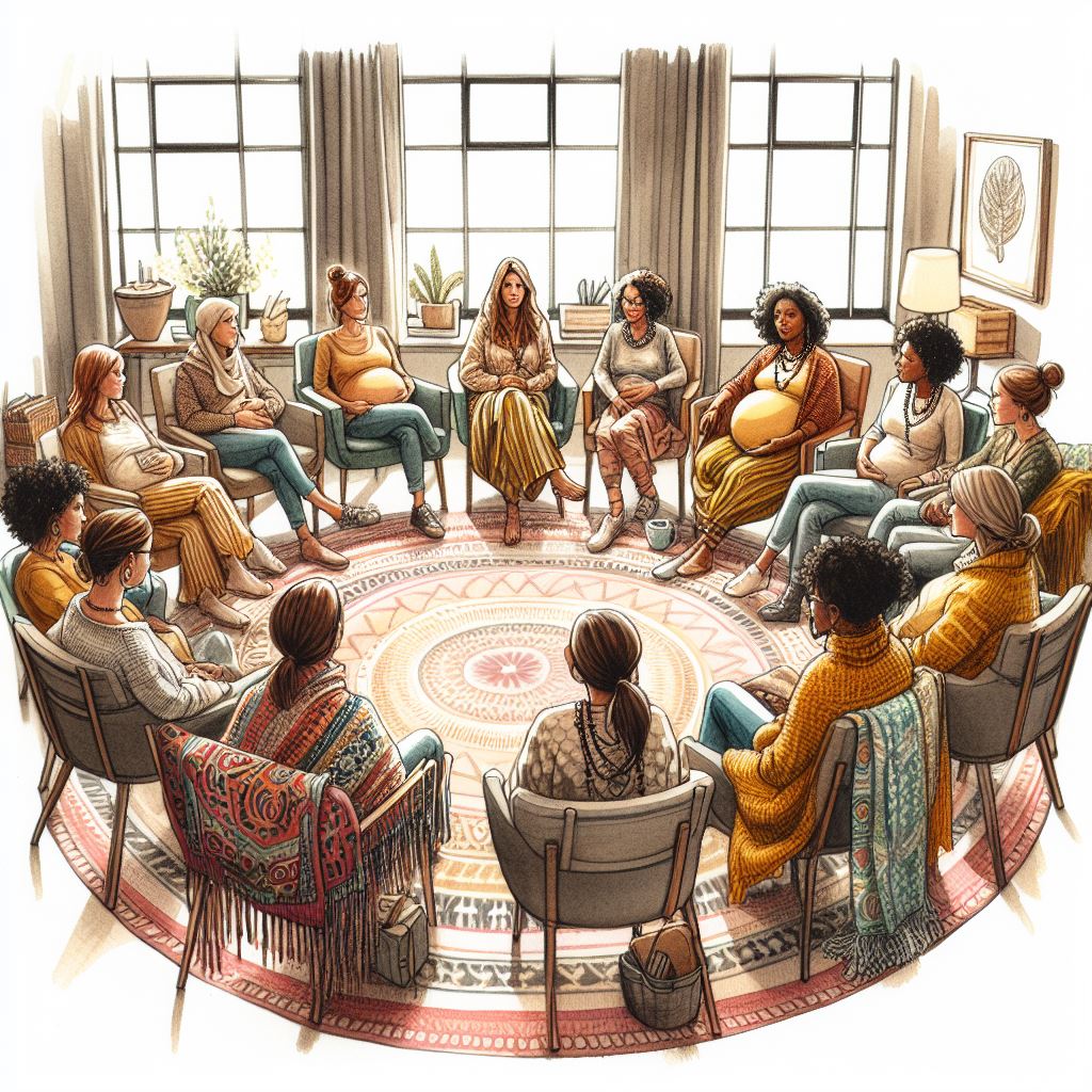 "A pen and ink with watercolor illustration showing a cozy meeting room with comfortable couches and chairs arranged in a circle for an intimate group discussion. In the circle, diverse women of color, some pregnant some not, are seated for a support group. They listen to a woman leading the discussion, a doula (not pregnant), distinguished by her knit shawl, bead necklaces, and dangling silver earrings, giving her a New Age vibe. The room radiates warmth and closeness.