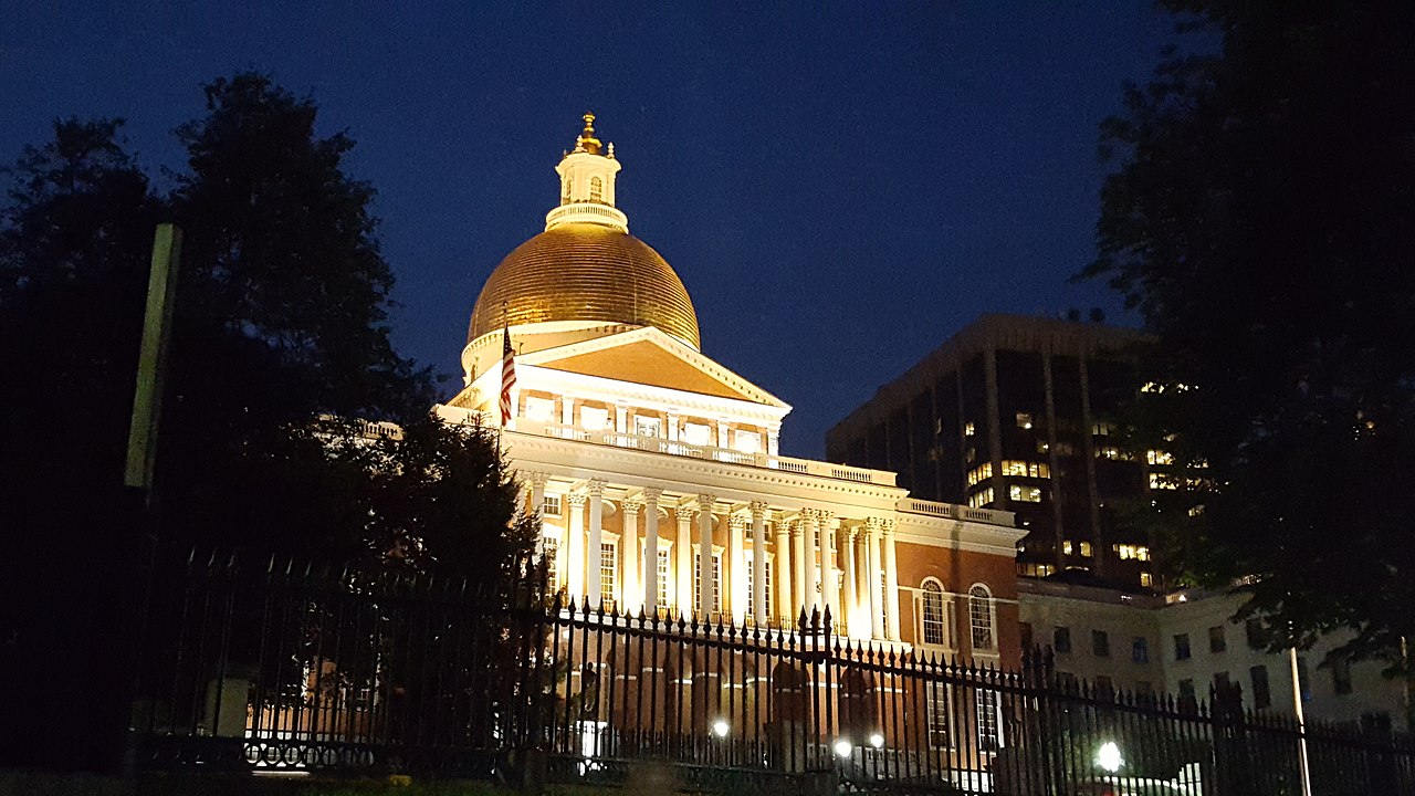 Massachusetts State House, Boston, at night.