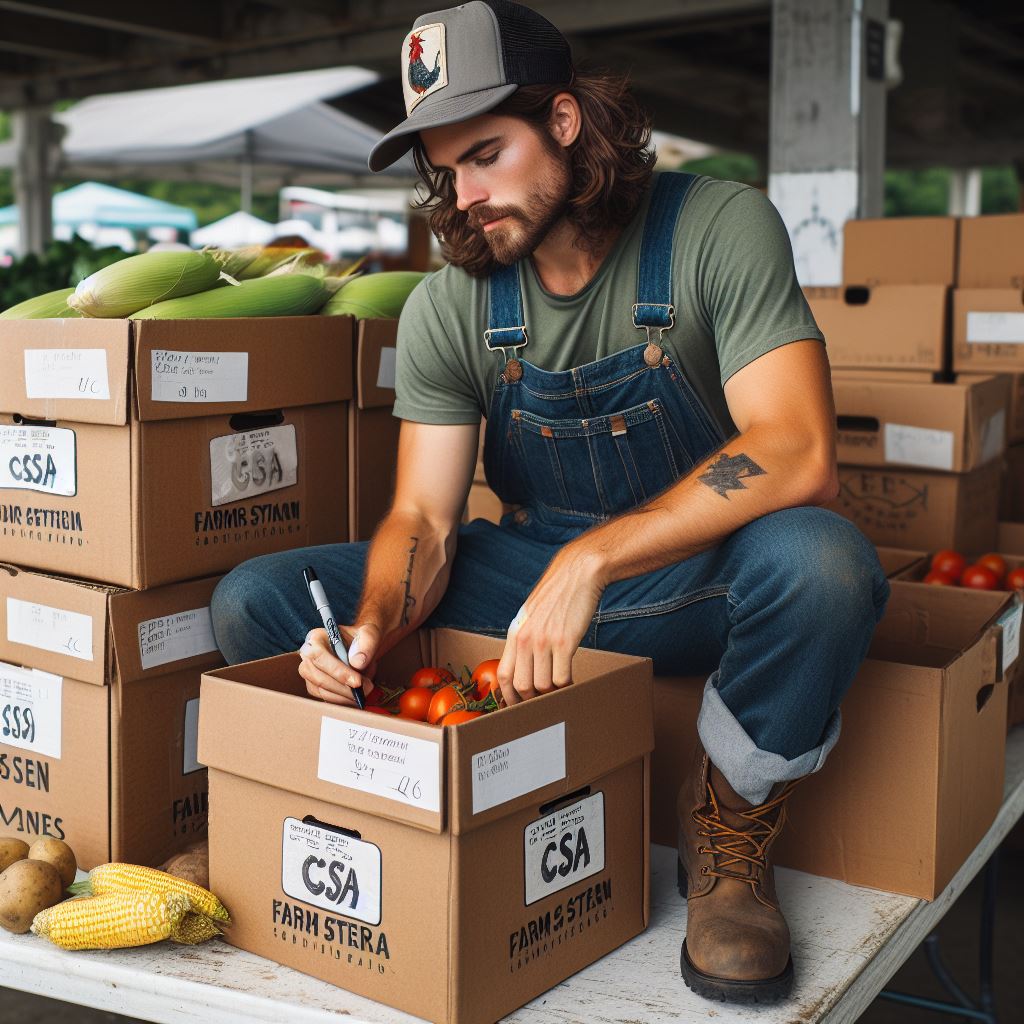 AI generated photo of a 20-something male farmer at a farmers market surrounded by CSA boxes.