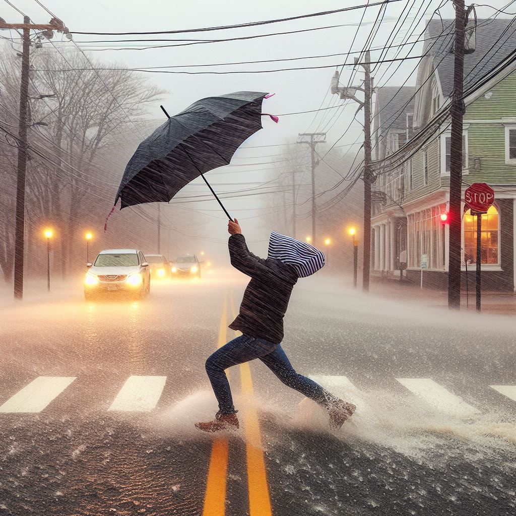 Photo of person crossing a street during a gusty winter rainstorm.