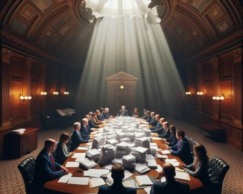 Illustration of A group of male and female state legislators of diverse ethnicity gathered in a shadowy back room around a large ornate antique wooden conference table filled with stacks of paper. A widening, jagged crack in the domed ceiling is allowing rays of the sun to stream in and illuminate the paperwork on the table.