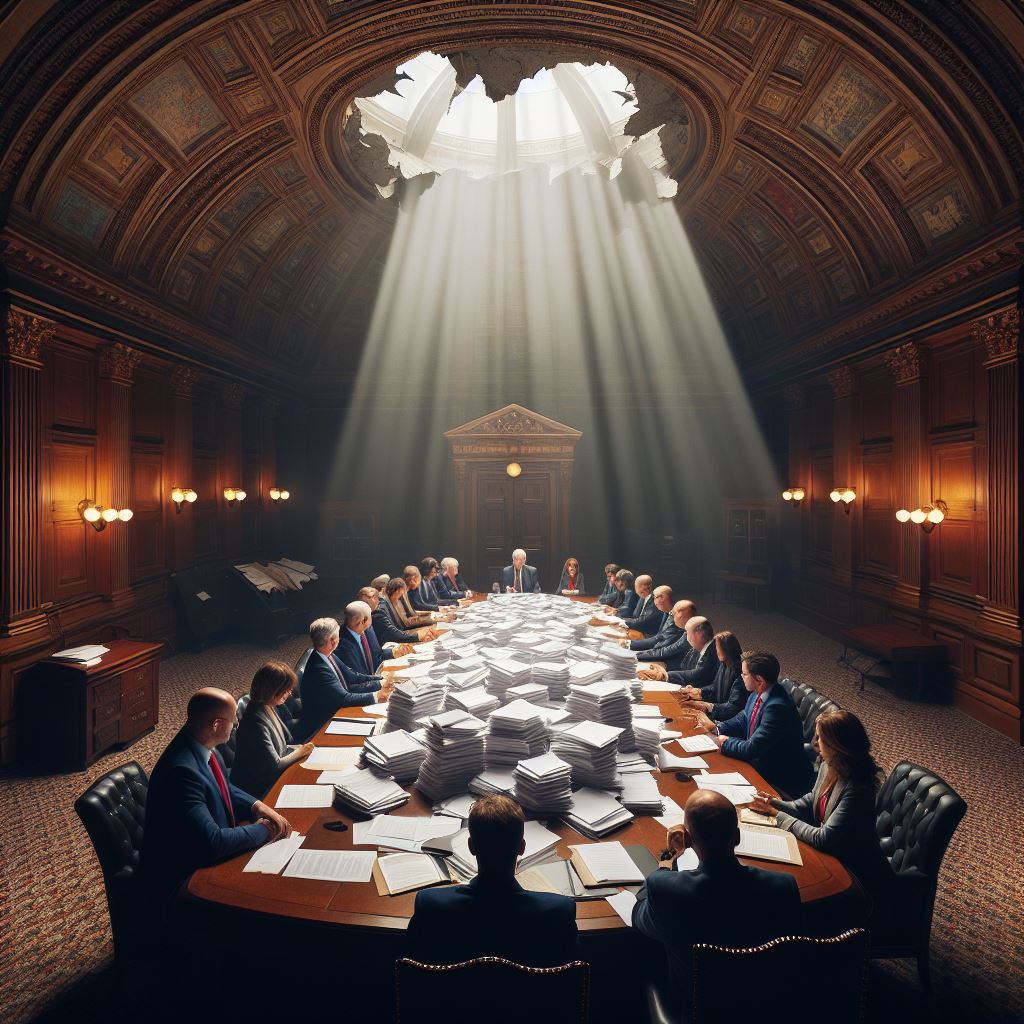 Illustration of A group of male and female state legislators of diverse ethnicity gathered in a shadowy back room around a large ornate antique wooden conference table filled with stacks of paper. A widening, jagged crack in the domed ceiling is allowing rays of the sun to stream in and illuminate the paperwork on the table.