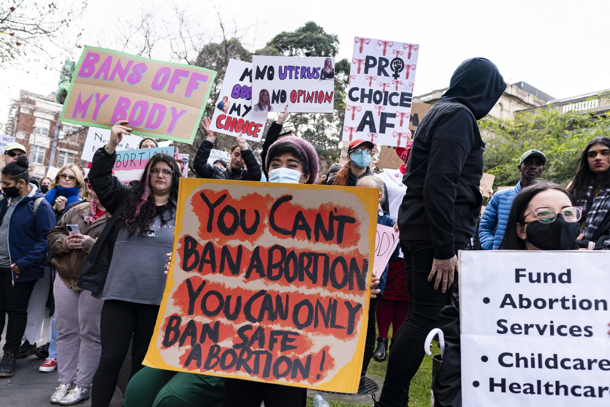 Pro-Choice Demonstration. Prominent sign reads, "You can't ban abortion; you can only ban safe abortion."