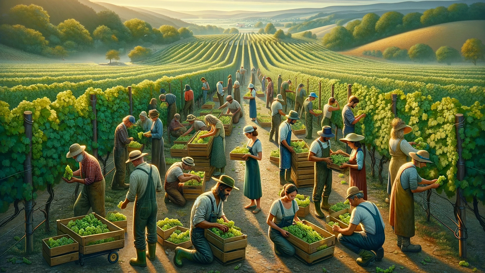 A vibrant vineyard scene at sunrise with workers of diverse genders and ethnicities harvesting green grapes. They carefully place the grapes into shallow wooden crates. The vineyard rows stretch toward rolling hills in the background, bathed in the soft golden light of early morning.