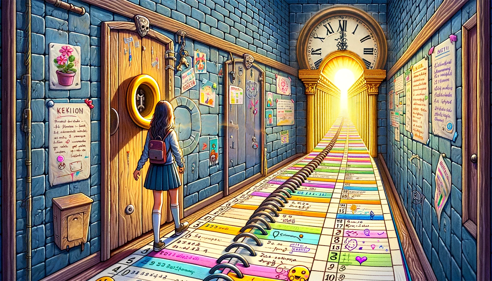 An illustration depicts a young female high school student standing at the threshold of a half-open medieval dungeon cell door. She gazes into a corridor that stretches into a bright light. The corridor floor is creatively transformed into a colorful day planner, full of playful notations, emoji-style doodles, and vibrant shades, symbolizing organization and time management. The walls blend the stone of a dungeon with a school-like setting, adorned with cheerful posters and doodles, merging academic and fantastical themes. Above the door, an ornate clock hangs, its time pointing towards a future. The light at the end of the corridor suggests hope and the promise of a well-managed, brighter path ahead.