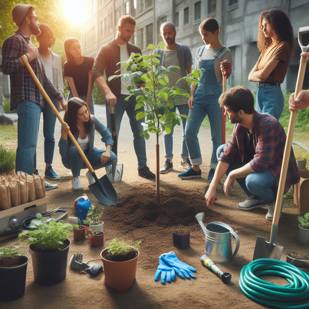 AI generated photo of people gathered around a sapling that has been planted in a small urban park. A shovel, gardening gloves, other tools, a garden hose, and plastic bags of topsoil are nearby.