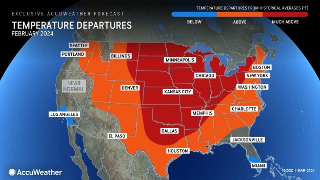 Weather map showing abnormally warm temperature ranges.