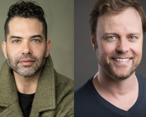 Side-by-side headshots of Alex Michaels and Tom Story, who will star in BSC's La Cage aux Folles. On the left, Alex Michaels has short, curly dark hair and a trimmed beard, wearing a green wool coat and looking directly at the camera with a neutral expression. On the right, Tom Story has short, light brown hair and a light beard, wearing a dark V-neck shirt and smiling warmly at the camera.