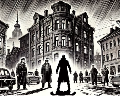 A stylized black and white pen and ink line drawing of a dreary 1978 Soviet Union residential neighborhood with 19th century Moscow architecture. In front of one of the buildings, a determined man, Yuri Alexandrov, stands defiantly facing a menacing KGB handler. The atmosphere is ominous, reflecting the oppressive environment and high stakes of their struggle.