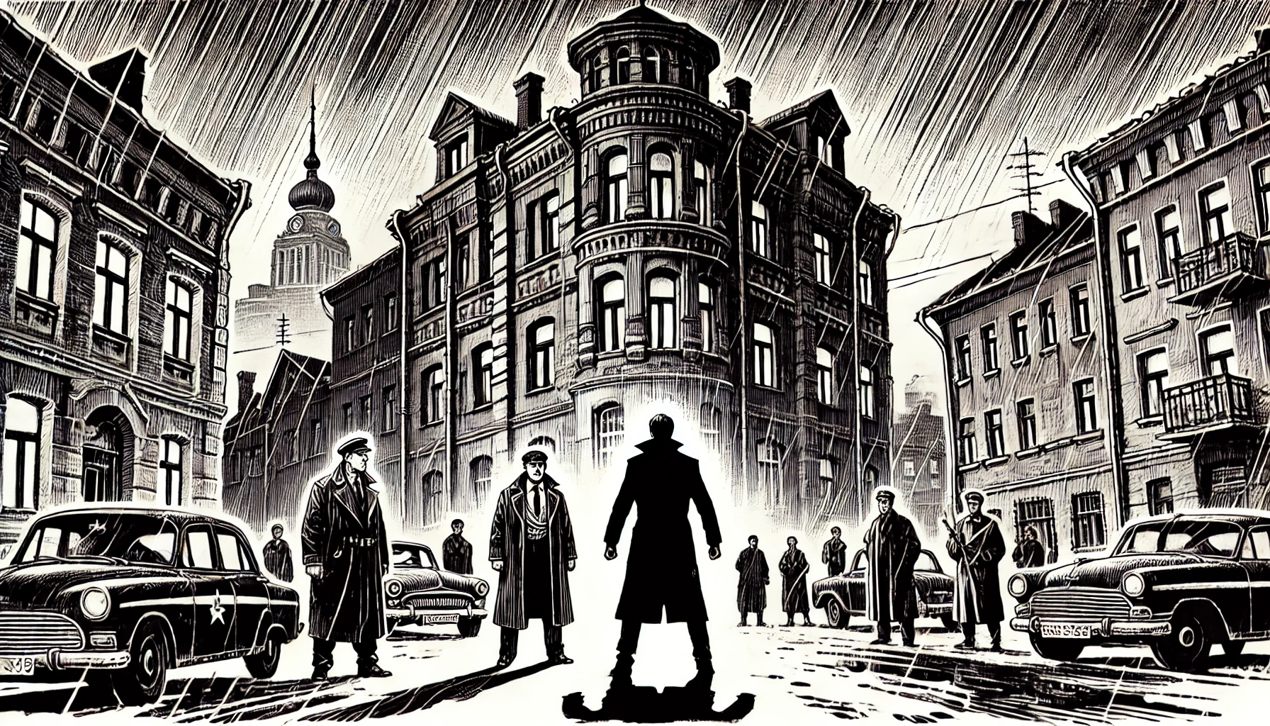 A stylized black and white pen and ink line drawing of a dreary 1978 Soviet Union residential neighborhood with 19th century Moscow architecture. In front of one of the buildings, a determined man, Yuri Alexandrov, stands defiantly facing a menacing KGB handler. The atmosphere is ominous, reflecting the oppressive environment and high stakes of their struggle.