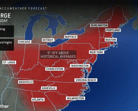 A weather map from AccuWeather showing a heat surge forecast for Sunday through Tuesday. The map highlights regions across the eastern United States, including cities such as Detroit, Chicago, St. Louis, Nashville, Asheville, Charleston, Wilmington, Atlanta, Virginia Beach, Washington D.C., New York, Burlington, Portland, and Boston. The affected areas are marked in red, indicating temperatures will be 5-15 degrees above historical averages. The map includes text noting "Increased cooling demand" and "Dozens of record highs in jeopardy." The AccuWeather logo and the timestamp "13:09 ET 12-JUL-2024" are also visible on the map.