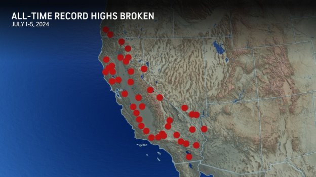 A map showing locations of all-time record high temperatures broken in California and Nevada from July 1-5, 2024. The map displays numerous red dots marking the locations where record high temperatures were recorded, scattered throughout California and parts of Nevada. The title "All-Time Record Highs Broken" and the date "July 1-5, 2024" are visible at the top of the image.