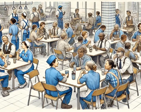 A delicate pen and ink drawing with watercolor accents depicting a small group of ethnically diverse blue-collar workers seated at tables in a cafeteria. The workers, including nurses, waitresses, housekeepers, factory workers, construction workers, cooks, and retail sales clerks, are seen in their work attire, casually interacting with each other during a break.