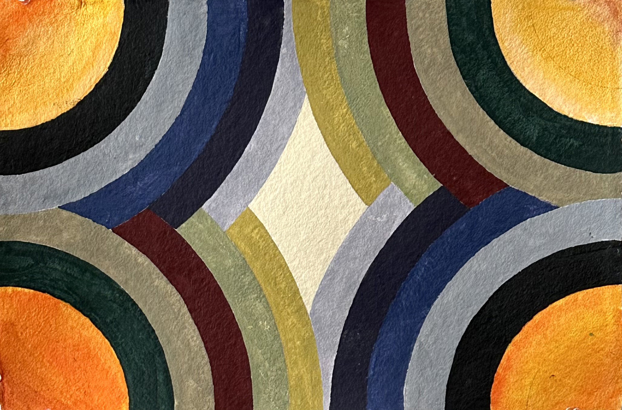 Abstract painting featuring overlapping concentric arcs of muted colors, including yellow, orange, green, blue, and burgundy, radiating symmetrically toward a central diamond-shaped area in pale cream. The composition creates a sense of balance and movement through its geometric design and layered hues.