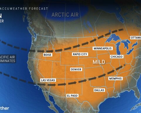 Weather map showing mild temperatures moving from the Pacific all the way to the Atlantic during mid-December.