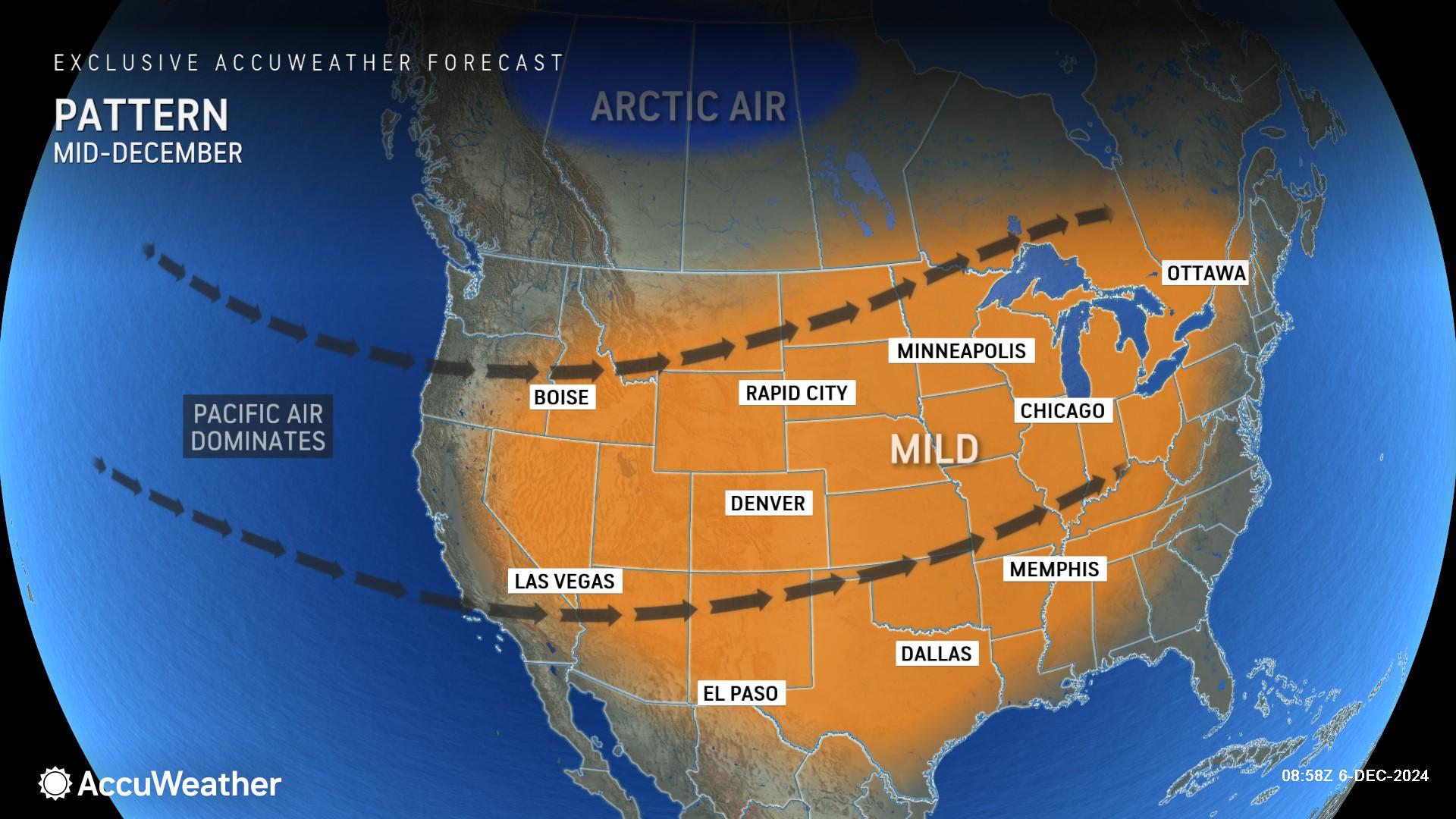 Weather map showing mild temperatures moving from the Pacific all the way to the Atlantic during mid-December.