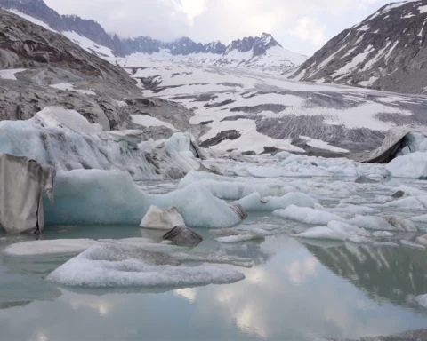 Film still from Belly of a Glacier by Ohan Breiding, showing the Rhône Glacier in Switzerland covered with thermal blankets. Ice formations and melting pools of turquoise water reflect the surrounding snow-covered mountains under a cloudy sky. The image highlights the glacier’s fragility and the impact of climate change.