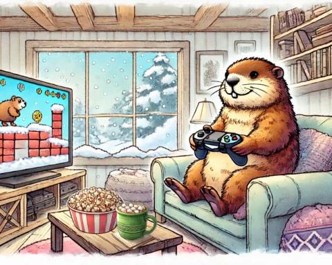 A cozy, watercolor-style illustration of a groundhog sitting in a cushy green armchair, playing a video game with a wireless controller. The groundhog looks focused, its paws gripping the controller as it faces a large TV screen displaying a pixelated side-scrolling platformer featuring another groundhog-like character collecting coins in a snowy landscape. Behind the groundhog, a large window reveals a winter scene with snow falling gently onto snow-covered pine trees. The rustic living room has wooden beams on the ceiling, bookshelves, and warm lighting from a floor lamp. In front of the groundhog, a wooden coffee table holds a red-and-white striped bowl overflowing with popcorn and a green earthenware mug filled with hot chocolate topped with marshmallows. The setting radiates warmth and relaxation, contrasting with the chilly scene outside.