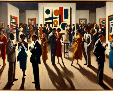 A mid-century style expressionist painting of a lively cocktail party in an art gallery. The scene features a racially diverse group of elegantly dressed men and women.