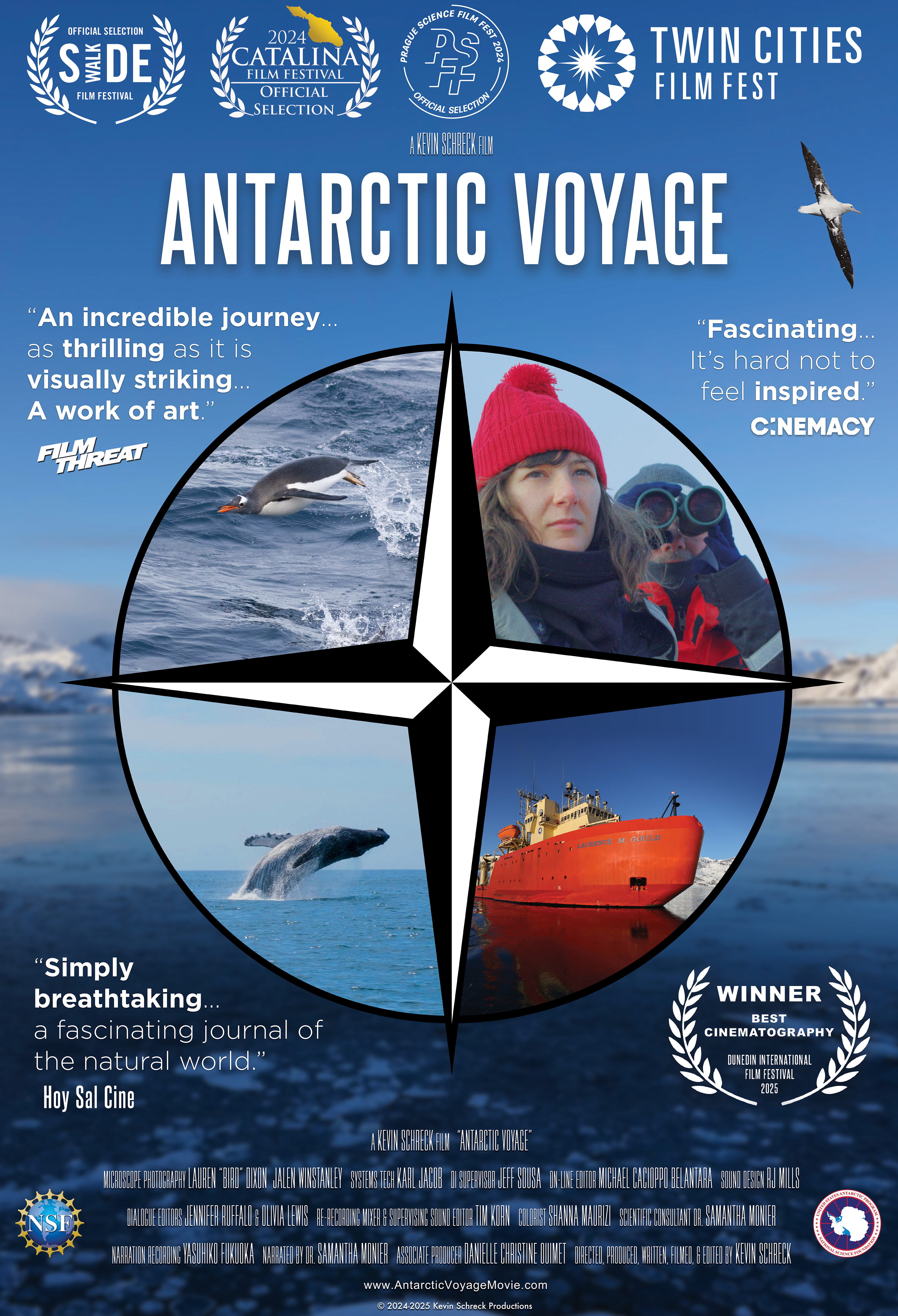 Poster for the documentary Antarctic Voyage, featuring images of a penguin, a whale, a ship, and scientist Dr. Samantha Monier. The design includes film festival laurels and quotes praising the film’s visuals and storytelling.